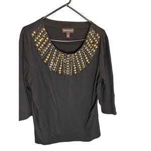 Dana Buchman Black 3/4 Sleeve Embellished Neck Top Size L